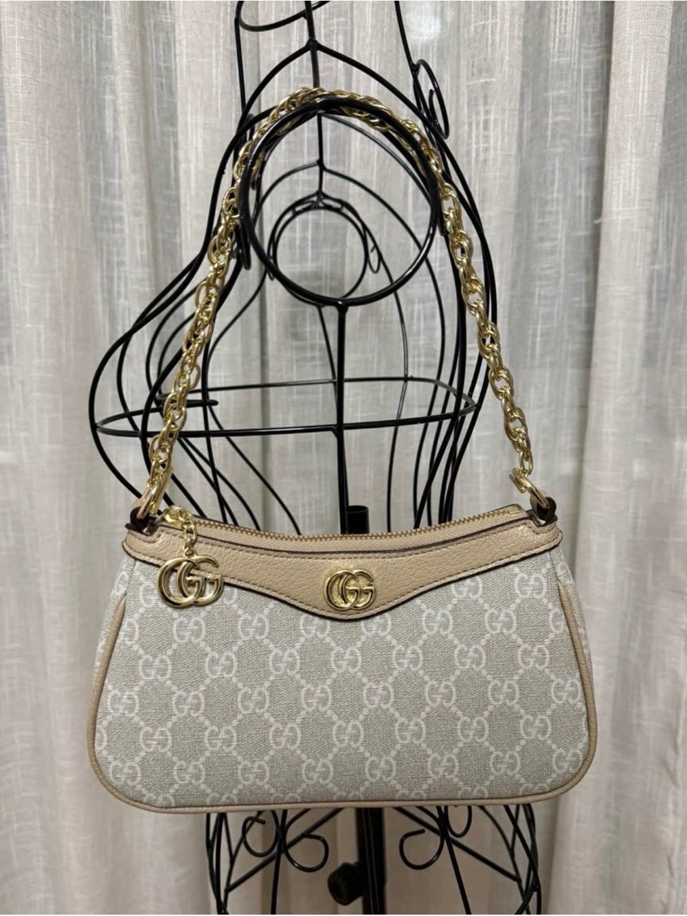 Designer-Inspired Beige Monogram Shoulder Bag with Gold Chain